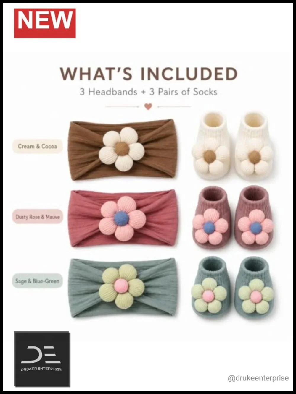 3D Floral Headband & Non-Slip Socks Set for Baby Girls Newborn to Toddler |
